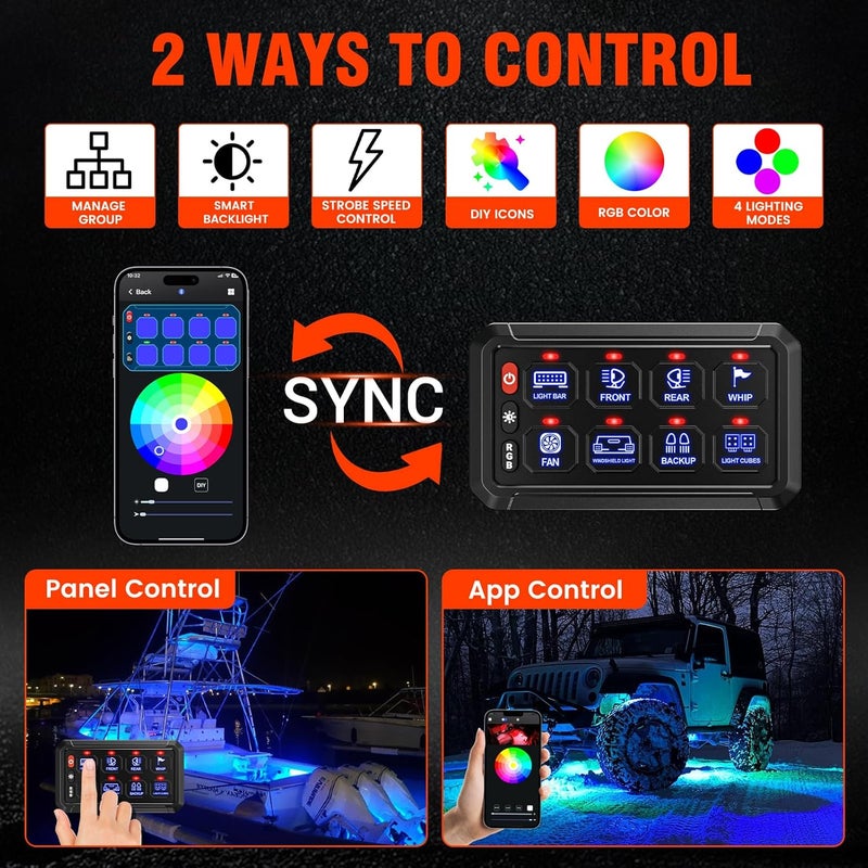 SUPAREE 8 Gang Bluetooth RGB Switch Panel,Toggle Momentary Flash Strobe Memory Function Auxiliary Switch Panel,Waterproof Circuit Control Relay System Box Universal for Truck ATV SUV UTV Boat - Image 2
